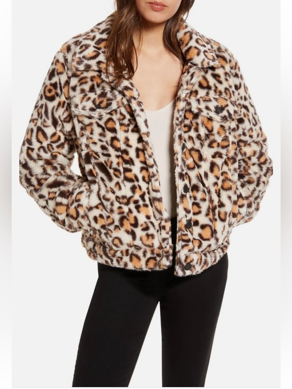 BLANKNYC Teddy Shearling Trucker Jacket Faux Fur Leopard Print-Animal Print